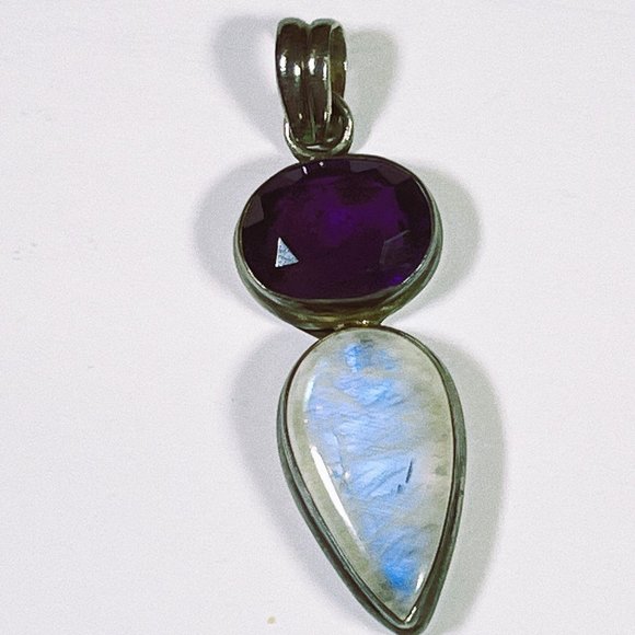 NEW LARGE AMETHYST/MOONSTONE PENDANT - 925 SILVER INDIA ARTISAN - Picture 10 of 12